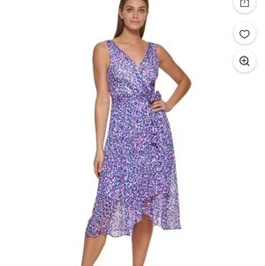 SZ 16 DKNY FAUX WRAP PURPLE, BLUE, BLACK ASYMMETRICAL DRESS